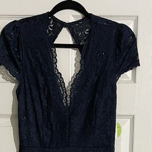 Long dress formal navy blue with sparkles stretch fabric with lace never worn
